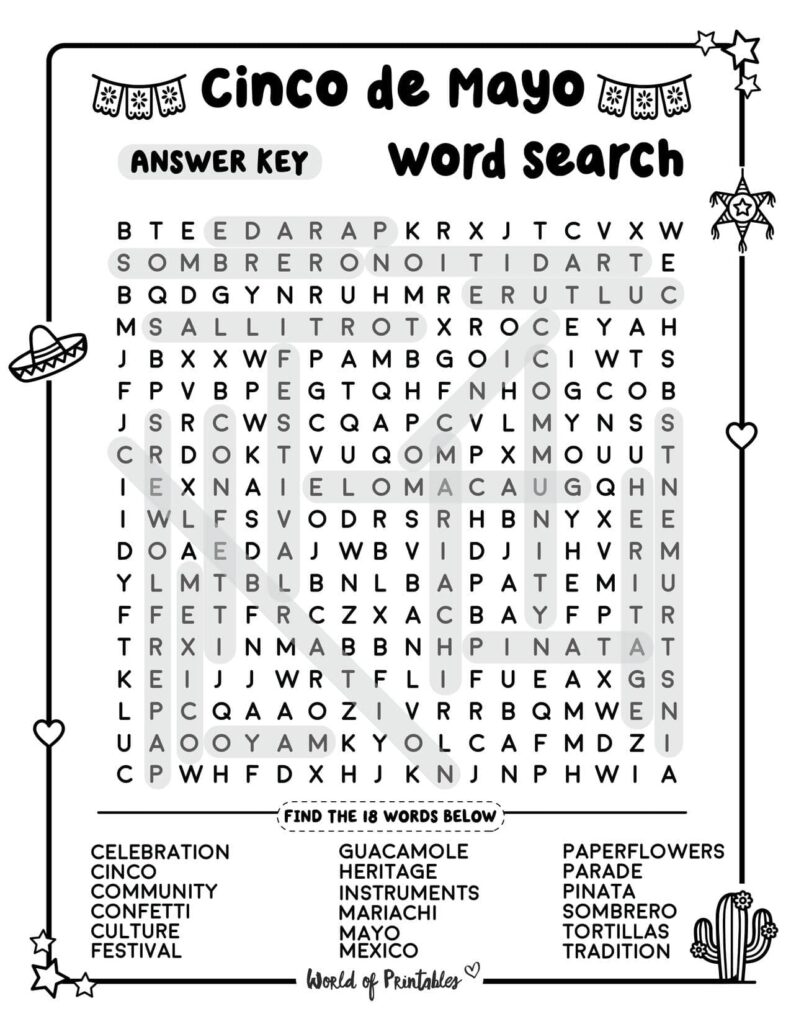 Hard Difficulty Cinco de Mayo Word Search Answer Key