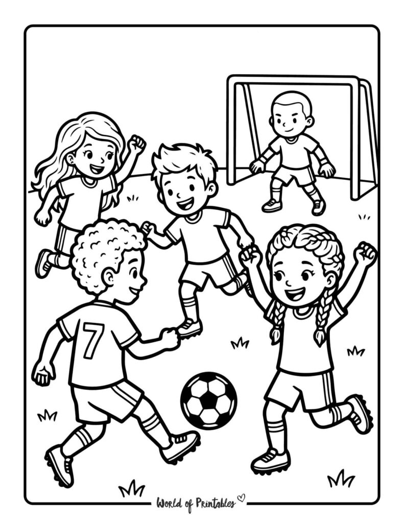 Kids Playing Soccer Coloring Page