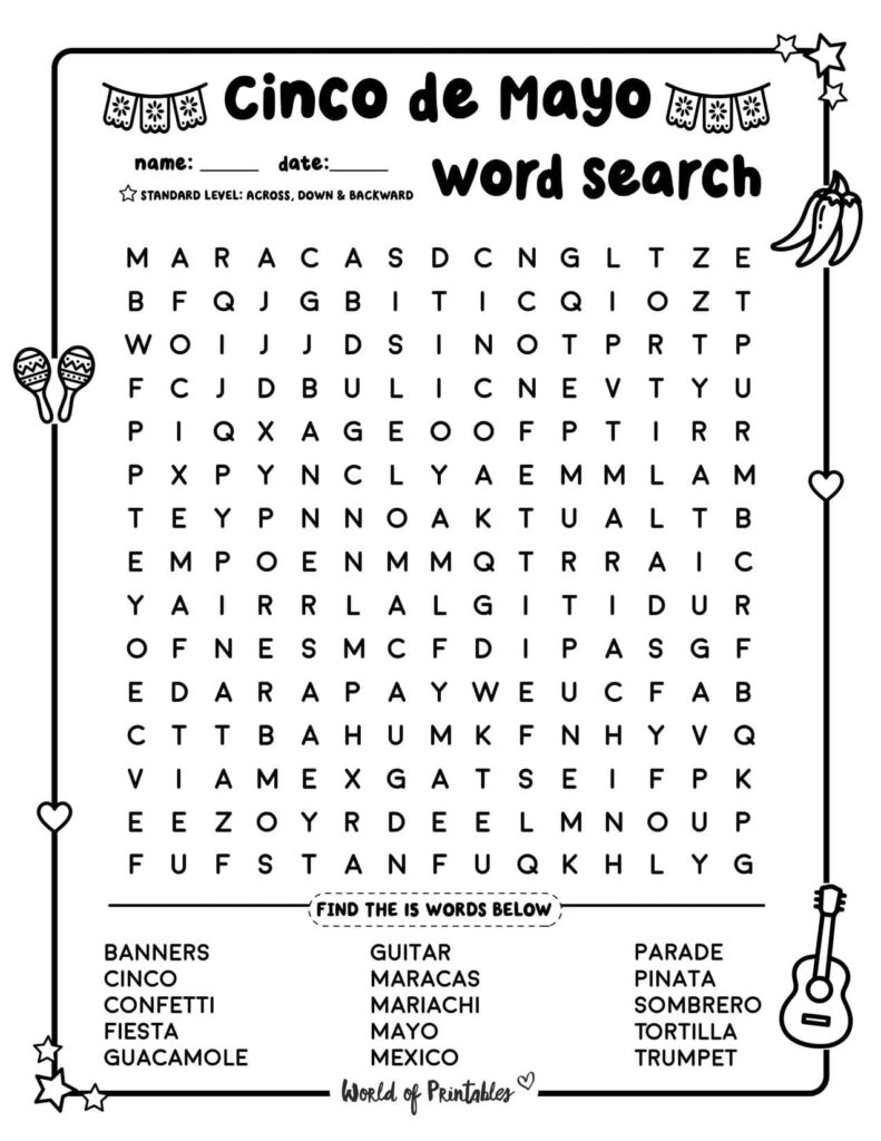 Medium Difficulty Cinco de Mayo Word Search