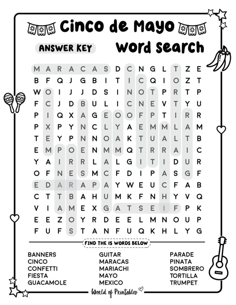Medium Difficulty Cinco de Mayo Word Search Answer Key