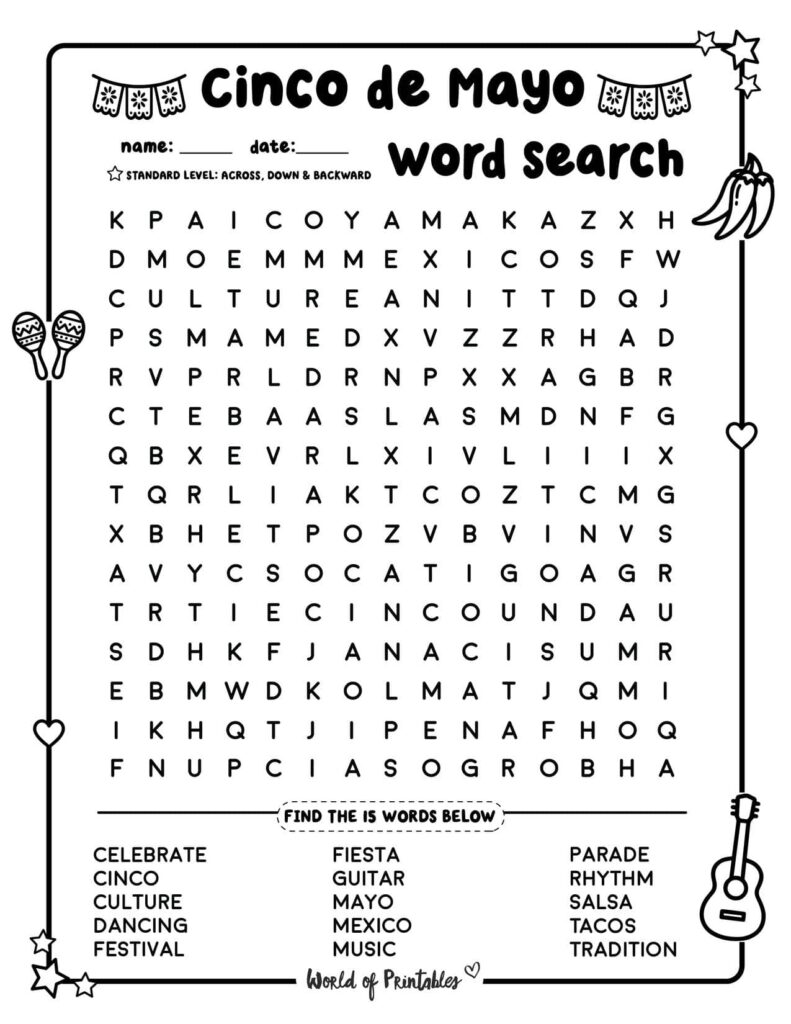 Medium Level Cinco de Mayo Word Search