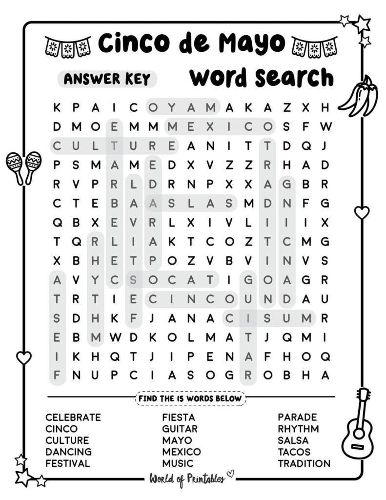 Medium Level Cinco de Mayo Word Search Answer Key