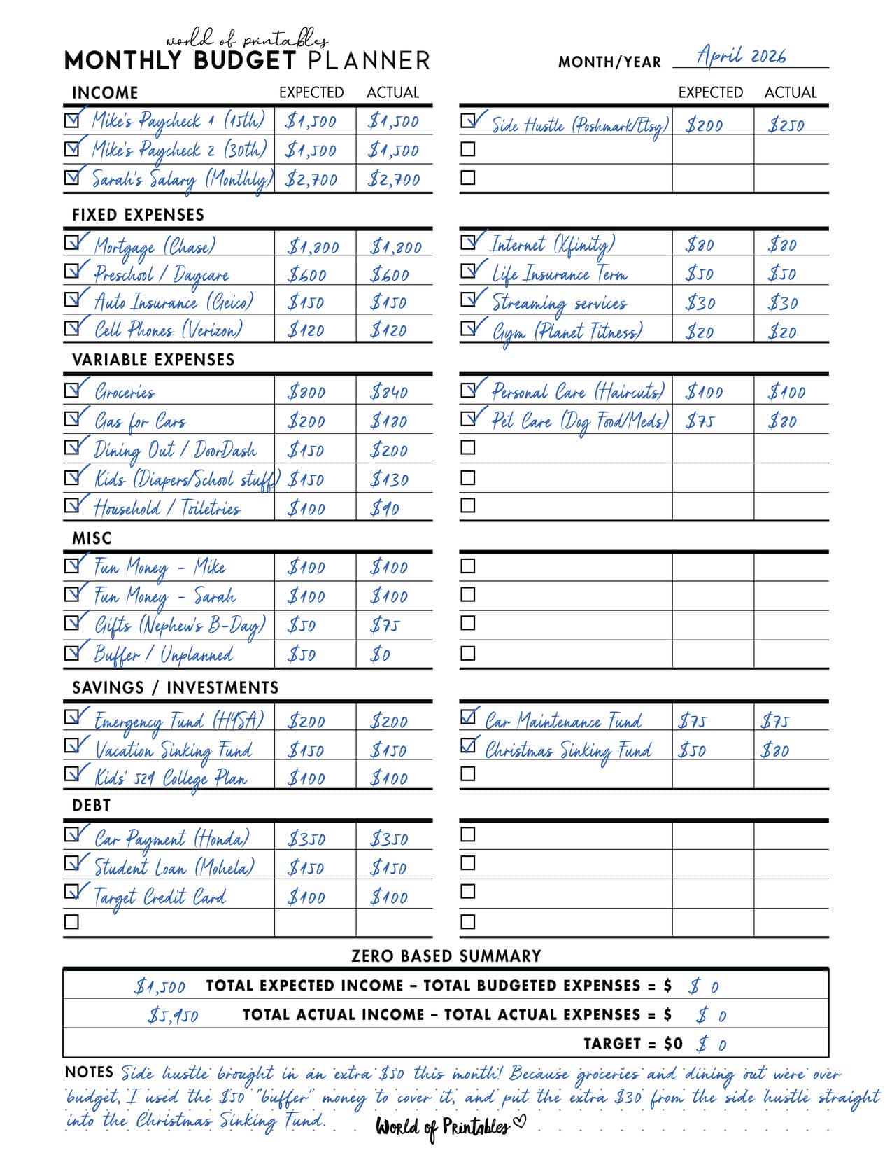 Monthly Budget Planner (Zero-Based) Example
