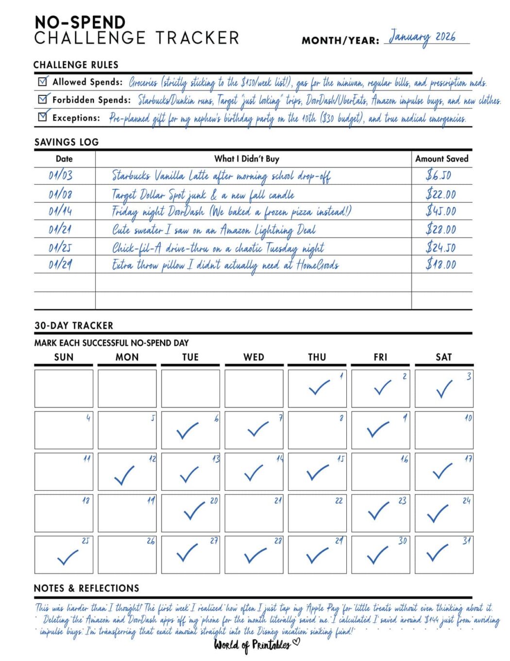 Free No-Spend Challenge Tracker Printable - World of Printables