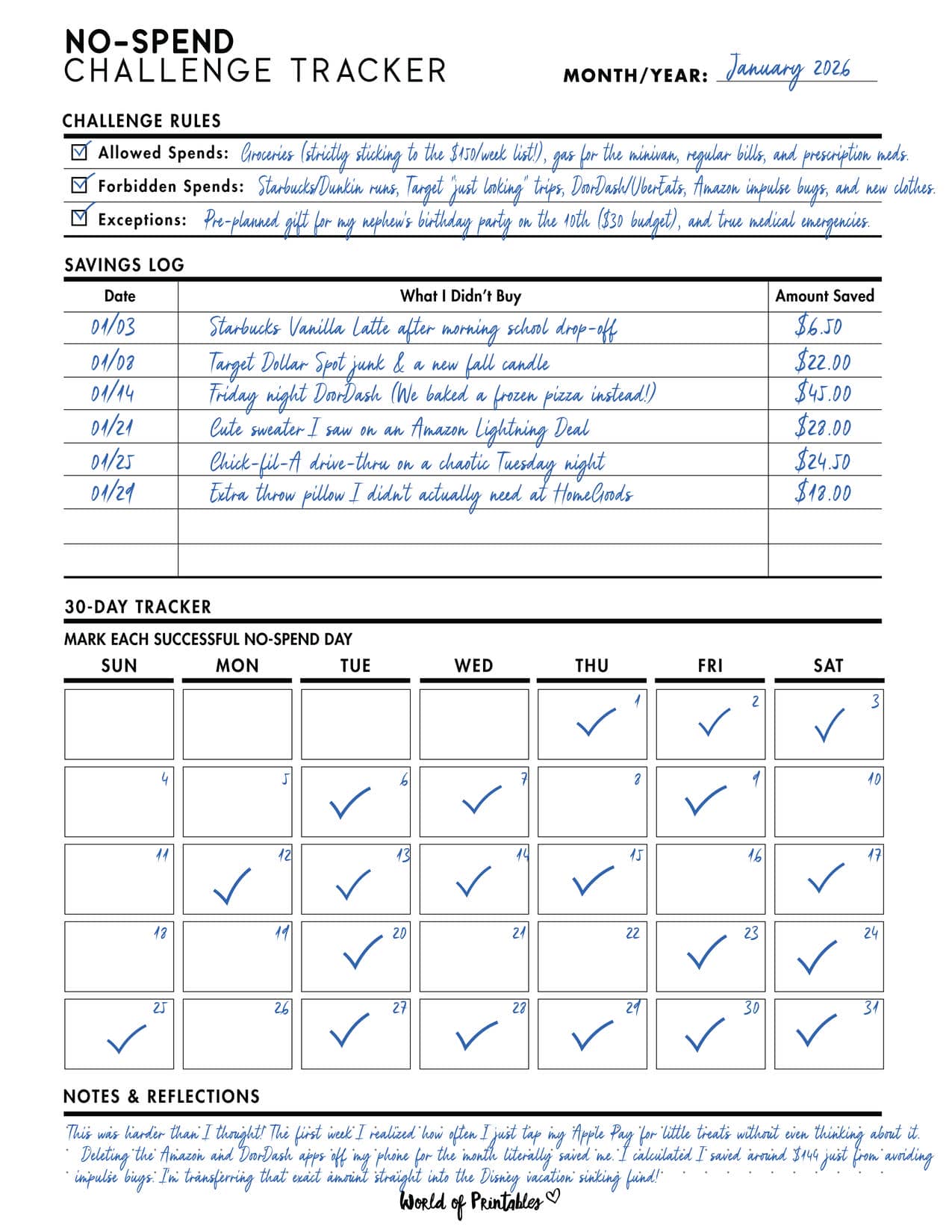 No-Spend Challenge Tracker Example