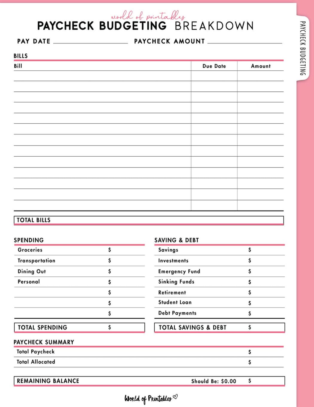 Paycheck Routine Free Paycheck Budgeting Breakdown Printable - World of Printables