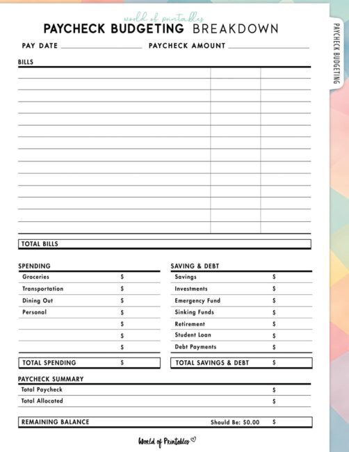 Paycheck Routine Free Paycheck Budgeting Breakdown Printable - World of Printables