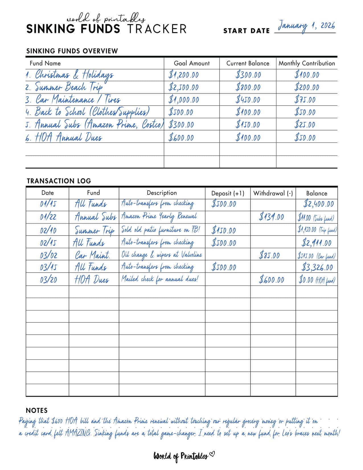 Sinking Funds Tracker Example