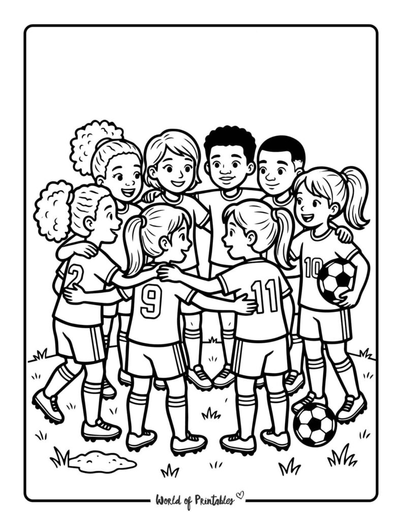Soccer Team Huddle Coloring Page