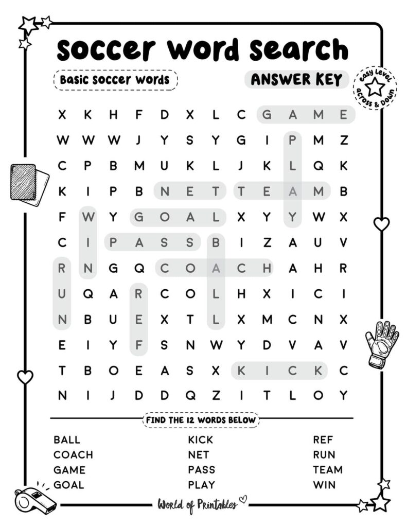 Soccer Word Search Basic Soccer Words Easy Answer Key
