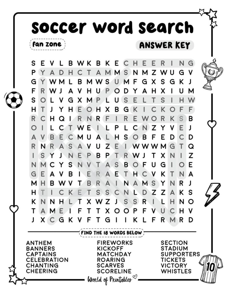 Soccer Word Search Fan Zone Challenging Level Answer Key