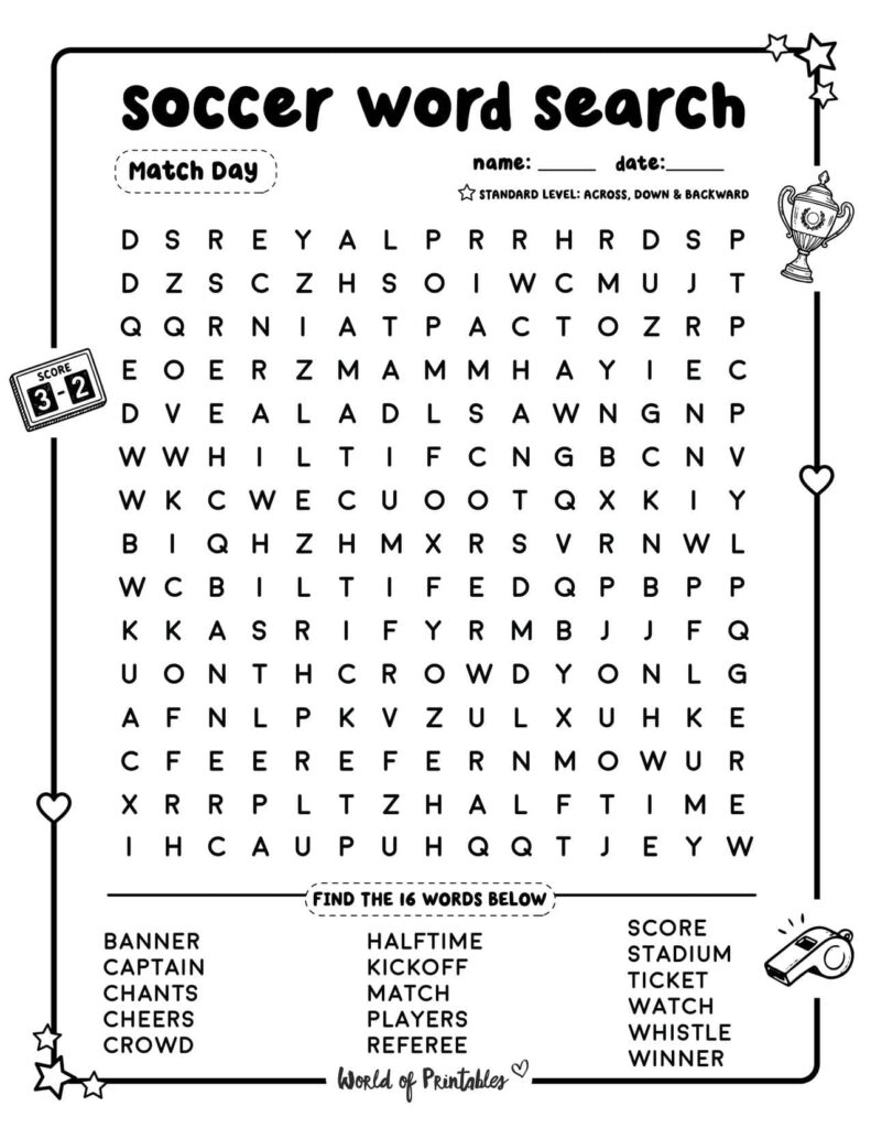 Soccer Word Search Match Day Standard Level
