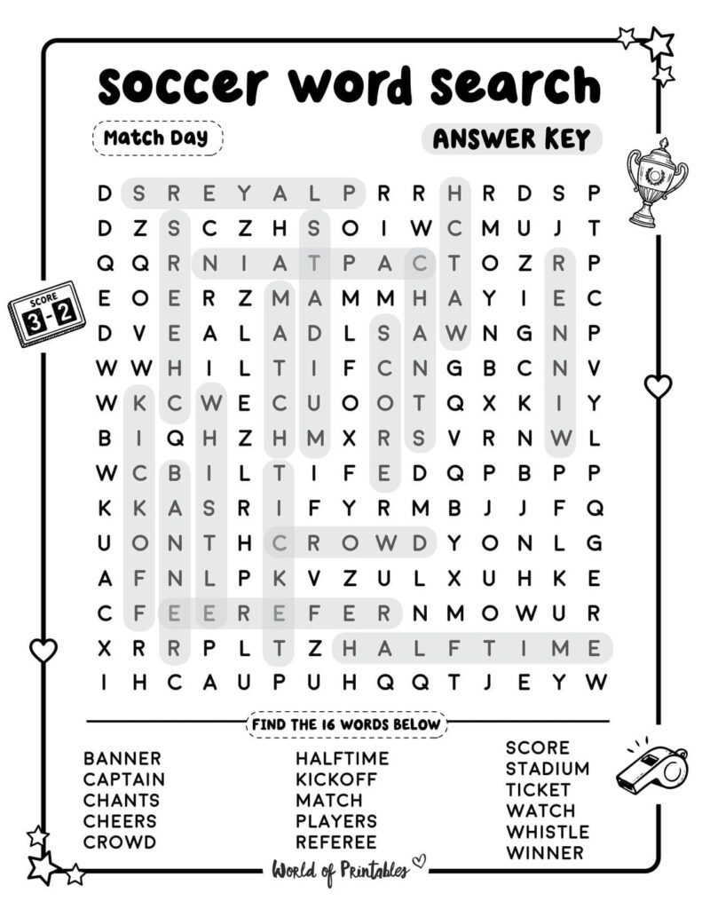 Soccer Word Search Match Day Standard Level Answer Key