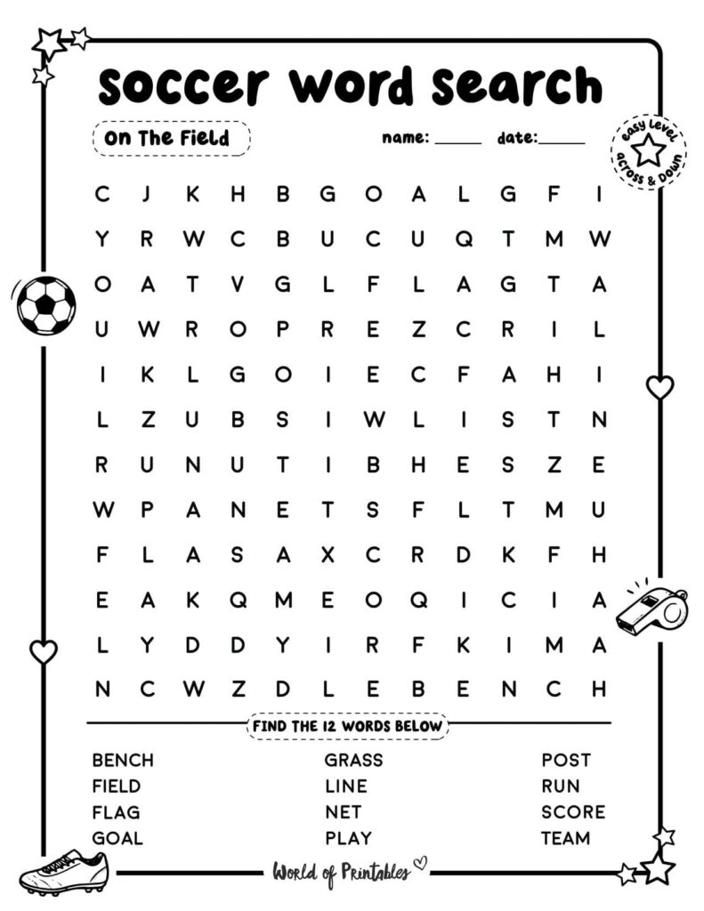 Soccer Word Search On The Field Easy