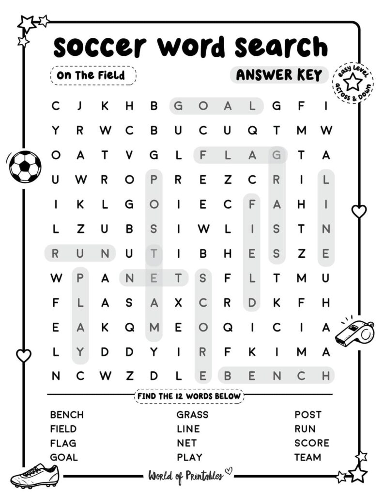 Soccer Word Search On The Field Easy Answer Key