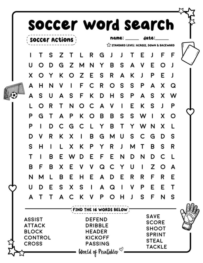 Soccer Word Search Soccer Actions Standard Level