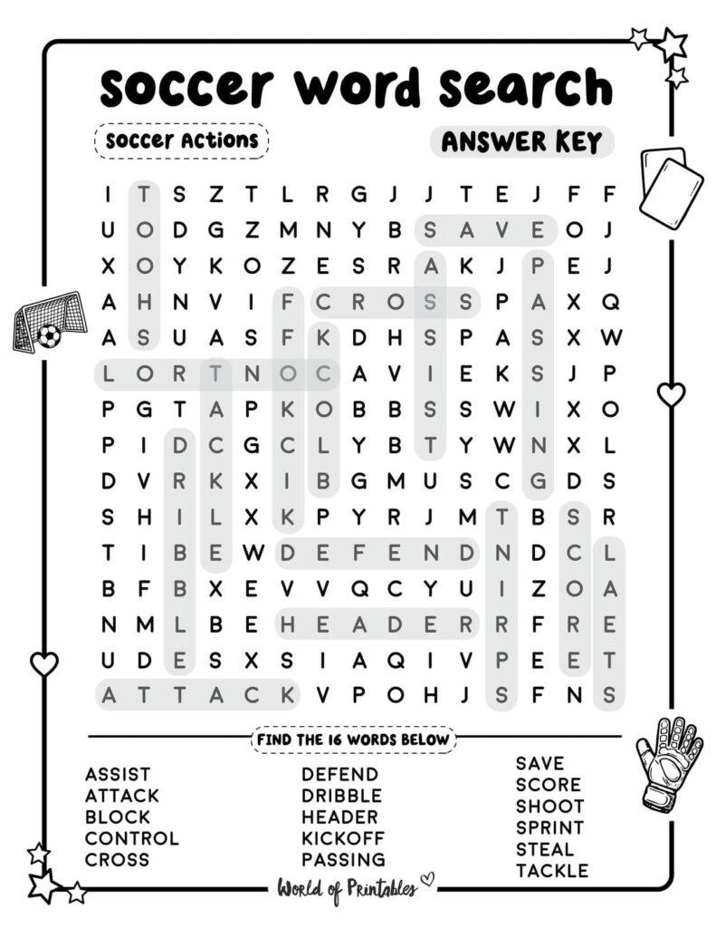 Soccer Word Search Soccer Actions Standard Level Answer Key