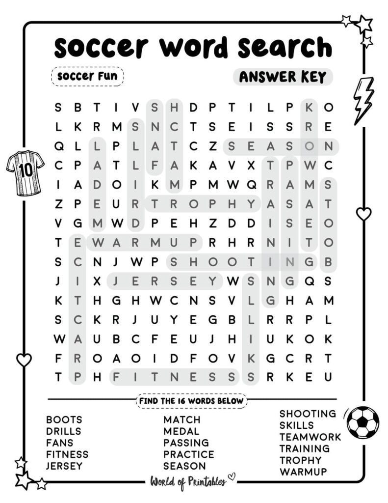 Soccer Word Search Soccer Fun Standard Level Answer Key