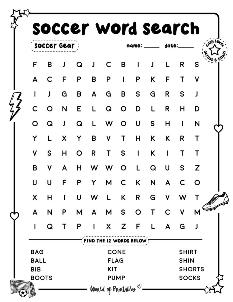 Soccer Word Search Soccer Gear Easy