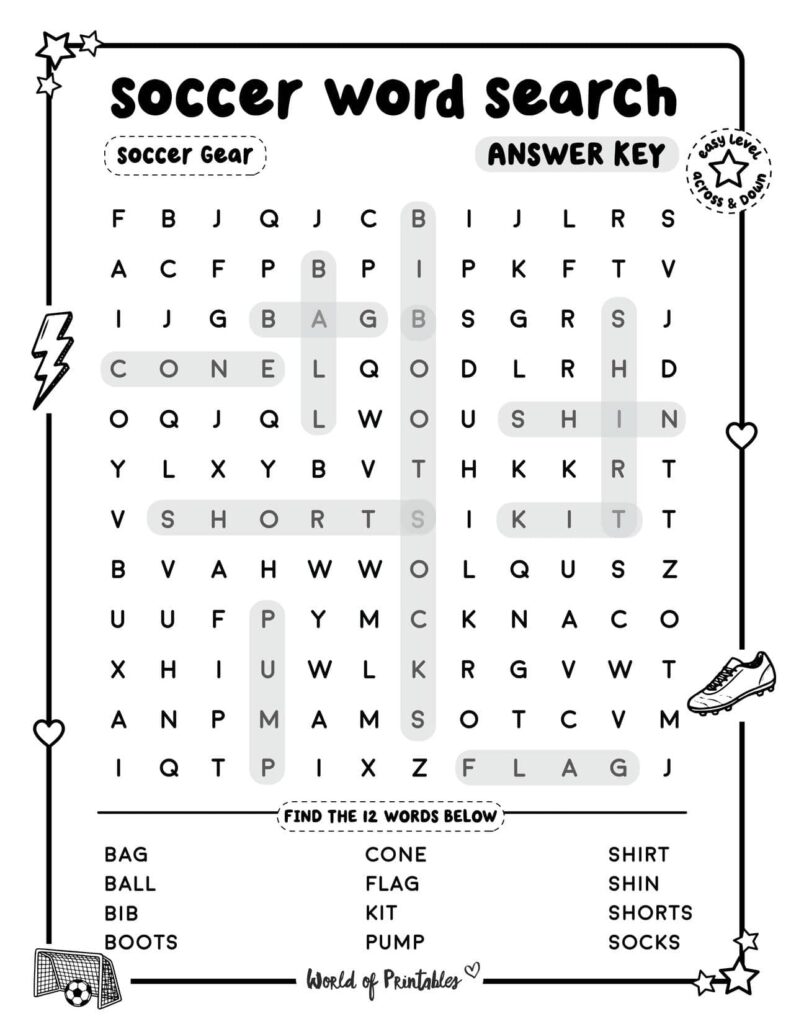 Soccer Word Search Soccer Gear Easy Answer Key