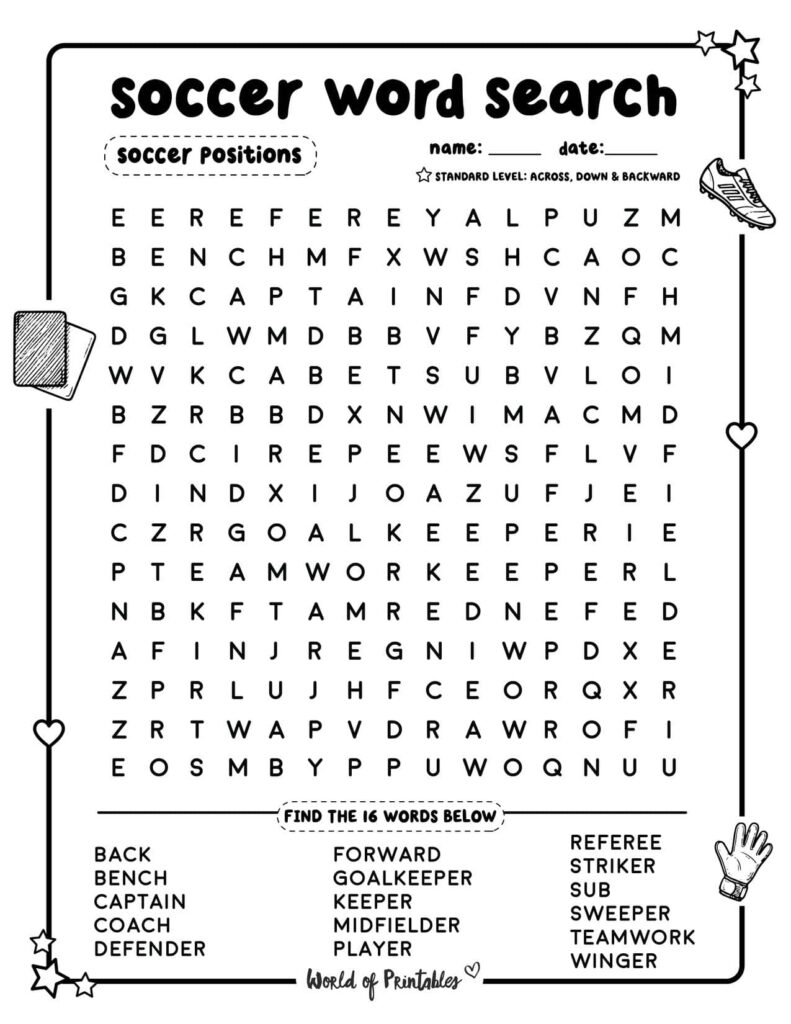 Soccer Word Search Soccer Positions Standard Level