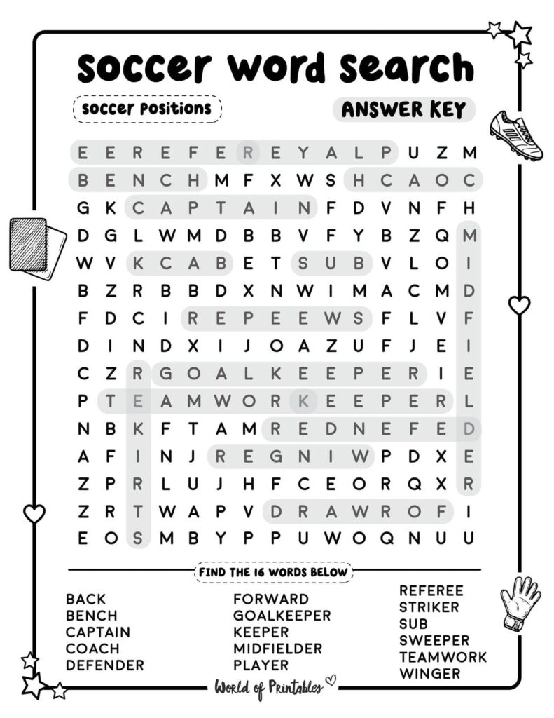 Soccer Word Search Soccer Positions Standard Level Answer Key