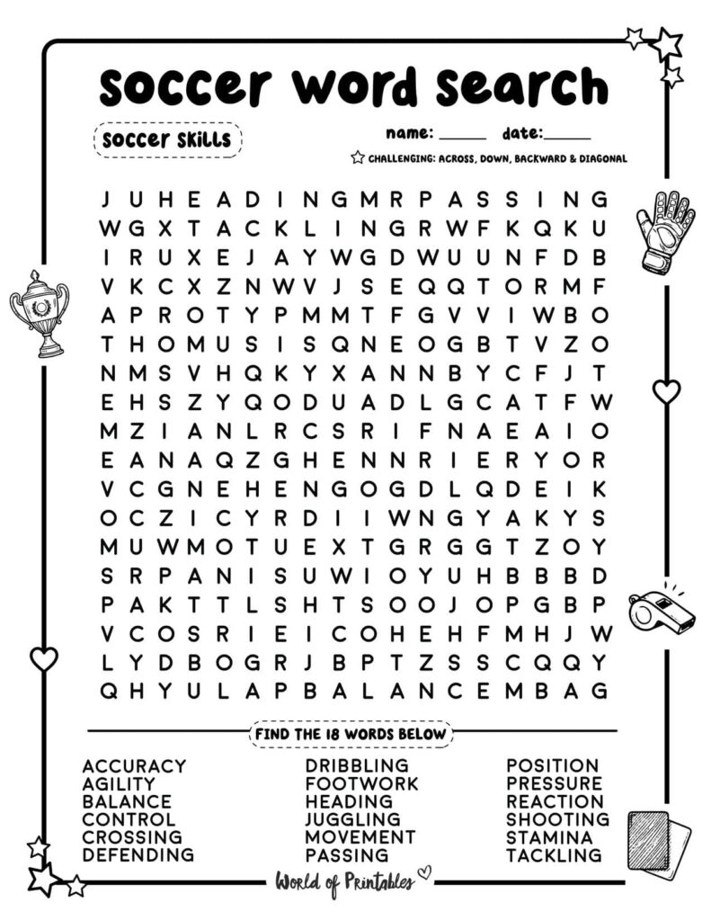 Soccer Word Search Soccer Skills Challenging Level