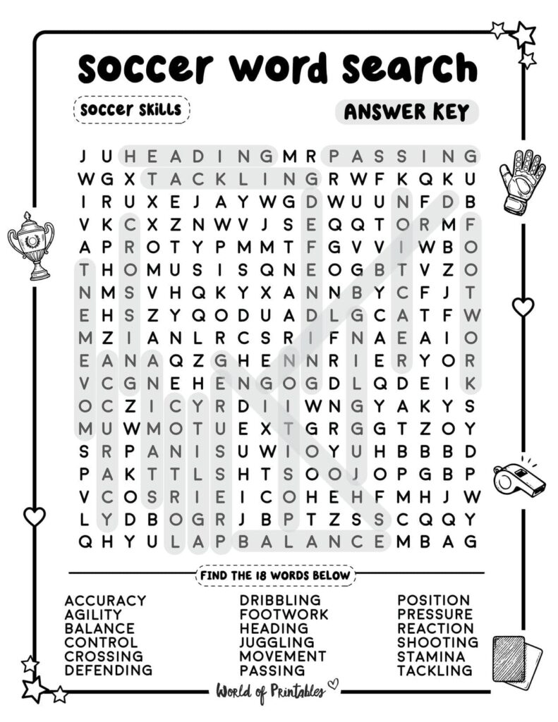Soccer Word Search Soccer Skills Challenging Level Answer Key