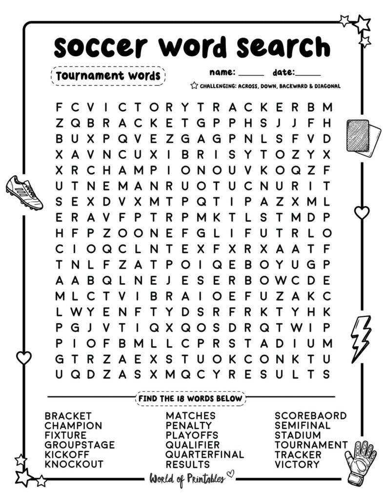 Soccer Word Search Tournament Words Challenging Level