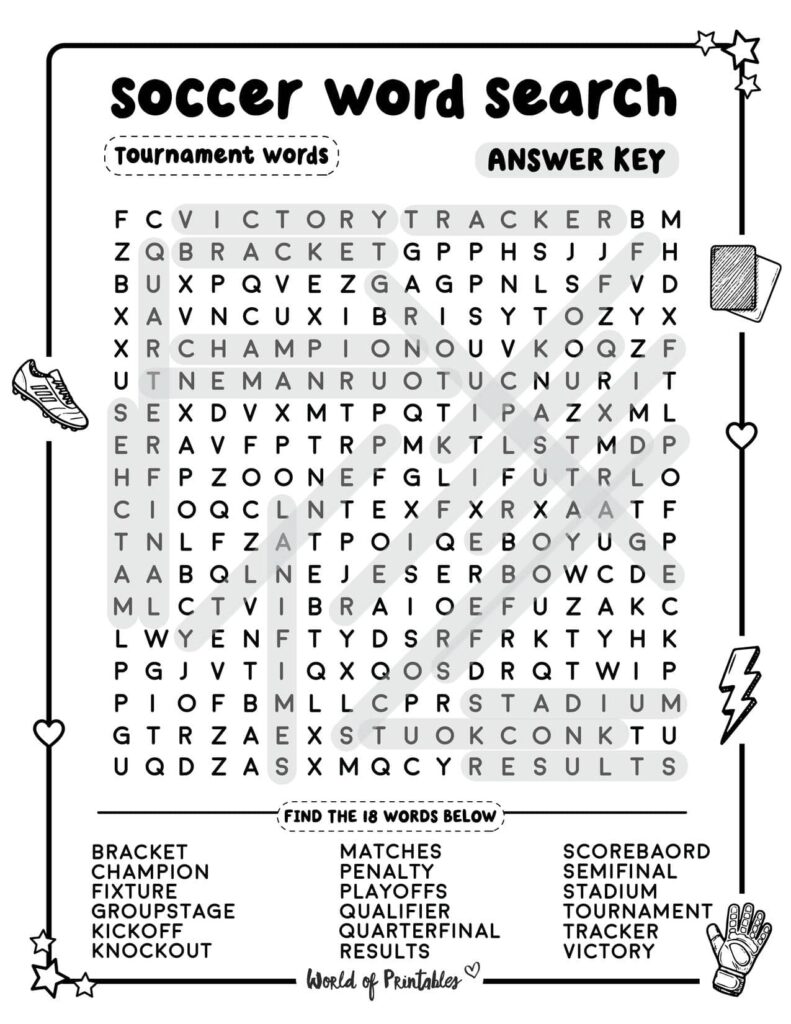 Soccer Word Search Tournament Words Challenging Level Answer Key