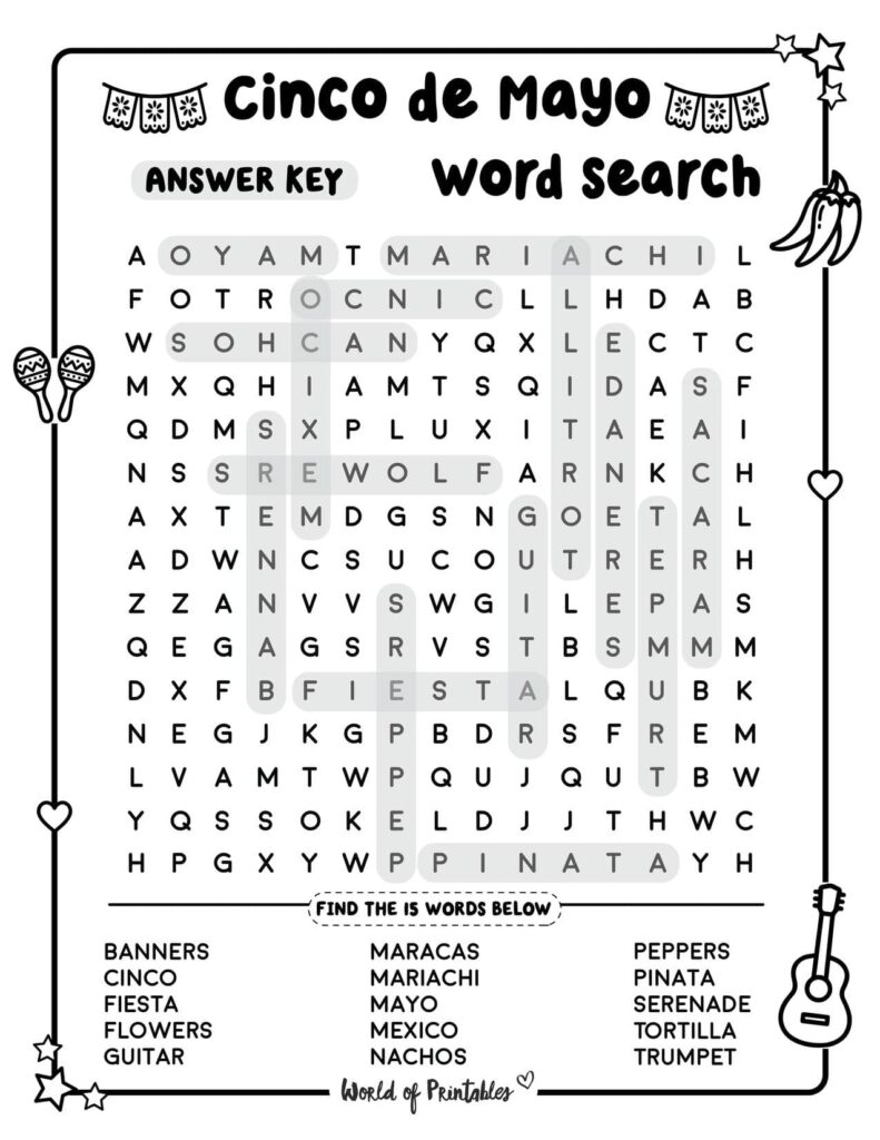 Standard Difficulty Cinco de Mayo Word Search Answer Key