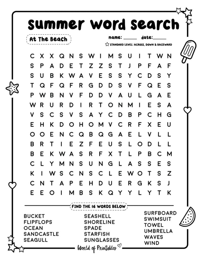 Summer Word Search At The Beach Standard Level