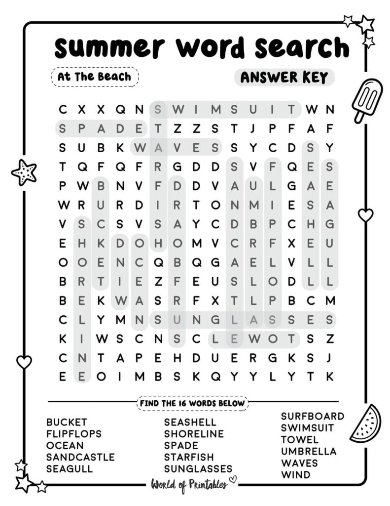 Summer Word Search At The Beach Standard Level Answer Key