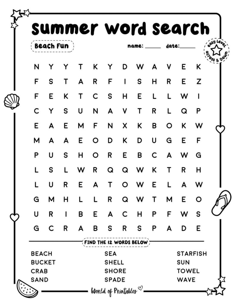 Summer Word Search Beach Fun Easy