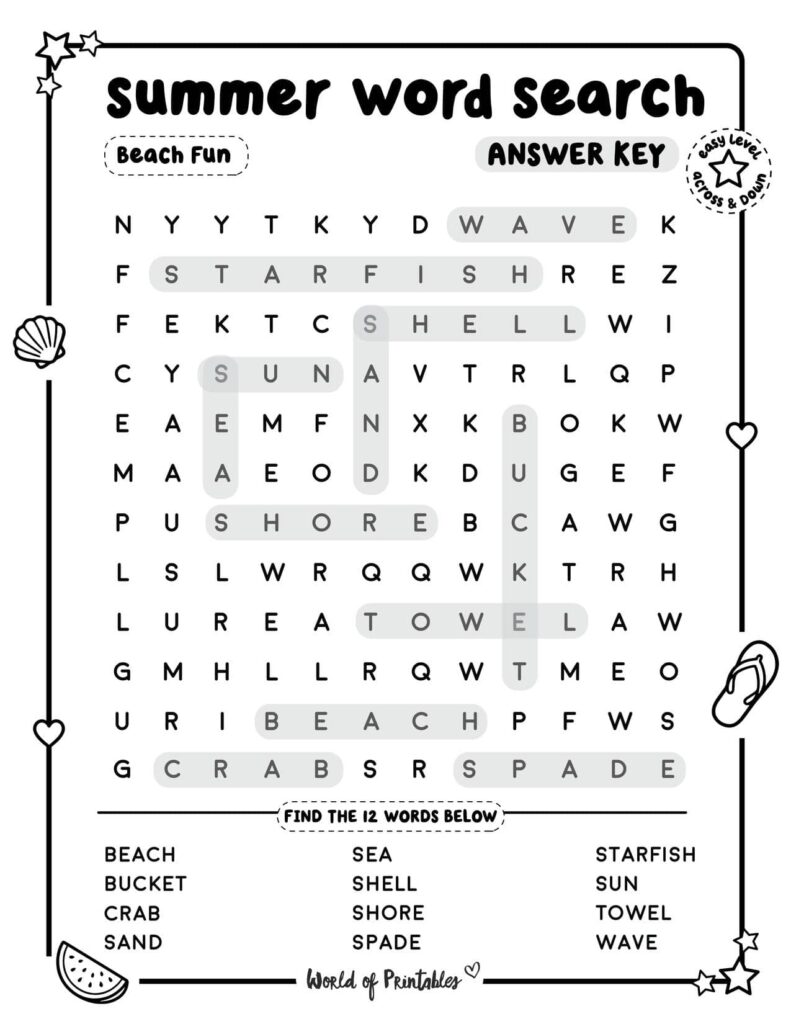 Summer Word Search Beach Fun Easy Answer Key