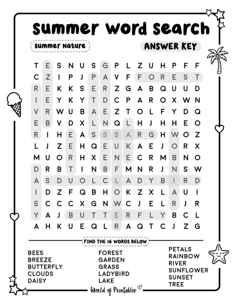 Summer Word Search Summer Nature Answer Key