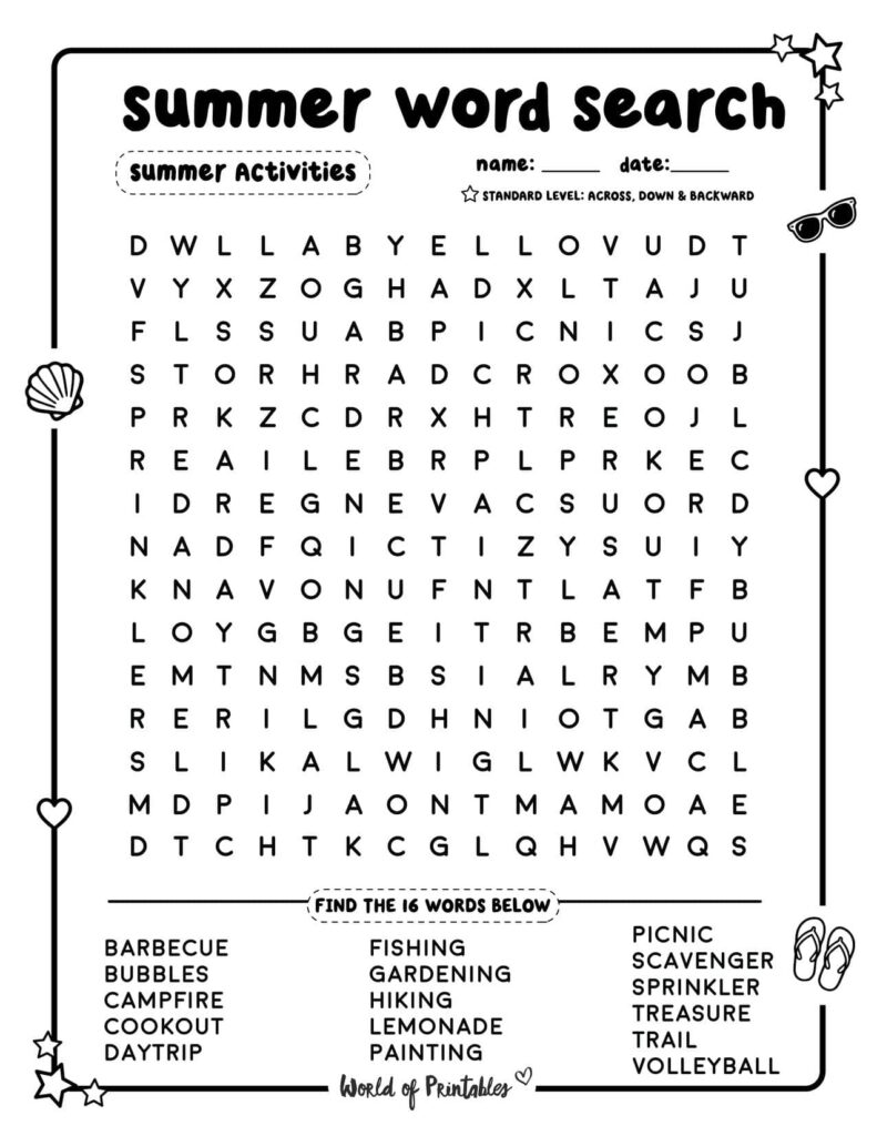 Summer Word Search Summer Activities Standard Level