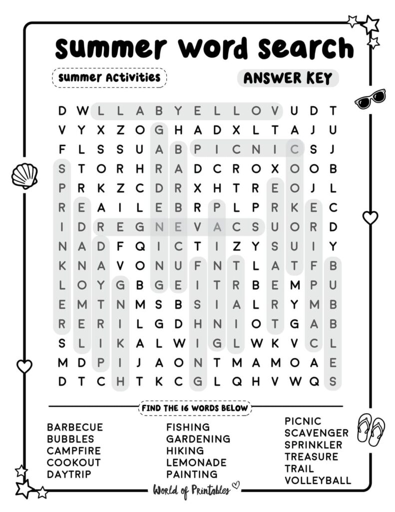 Summer Word Search Summer Activities Standard Level Answer Key