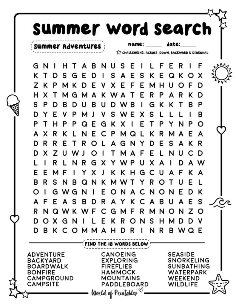 Summer Word Search Summer Adventures Challenging Level