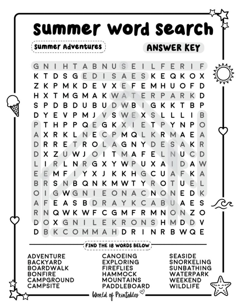 Summer Word Search Summer Adventures Challenging Level Answer Key