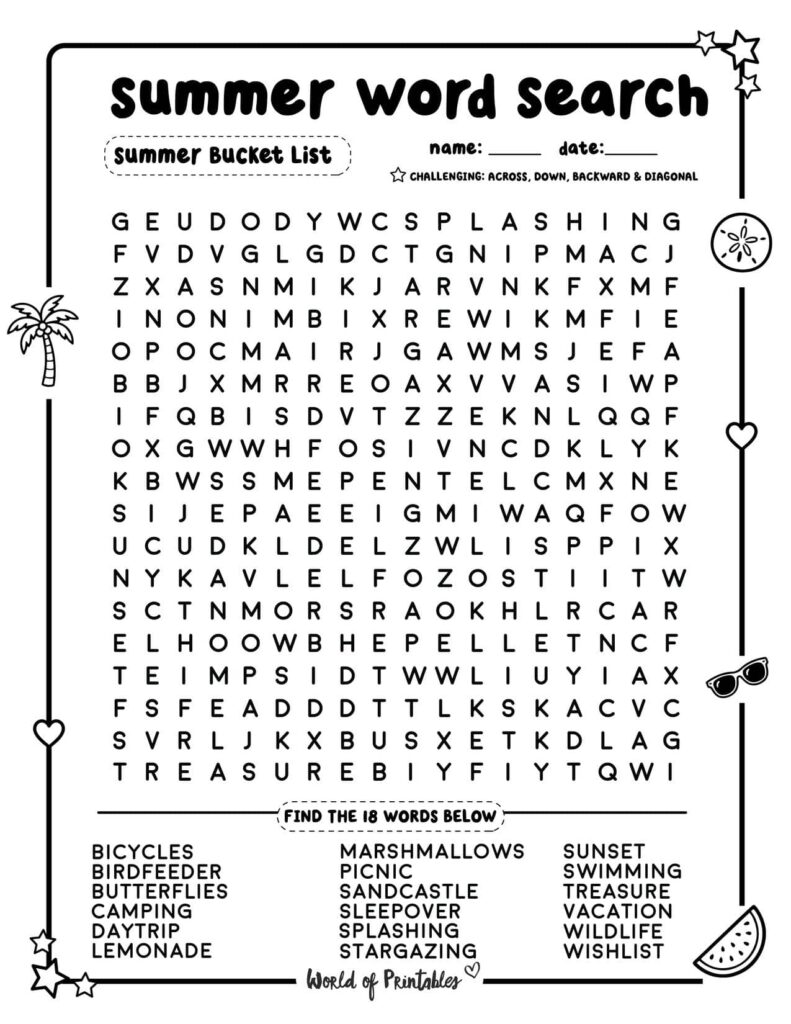 Summer Word Search Summer Bucket List Challenging Level