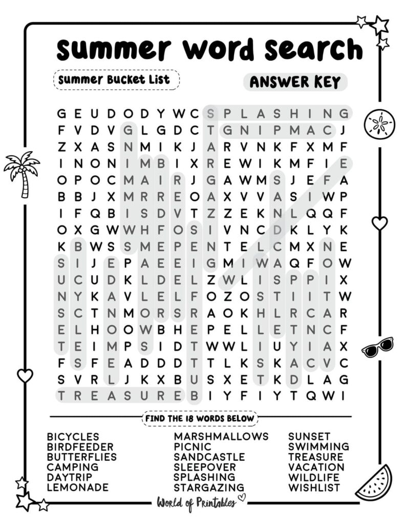 Summer Word Search Summer Bucket List Challenging Level Answer Key
