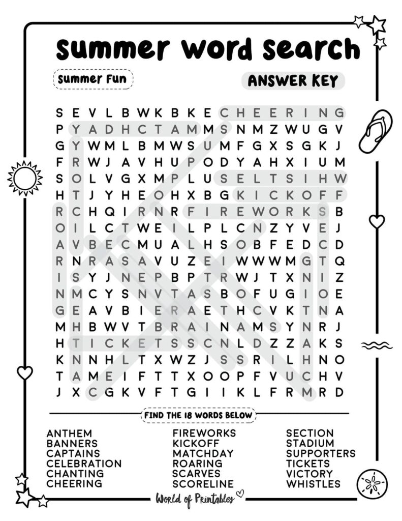 Summer Word Search Summer Fun Challenging Level Answer Key