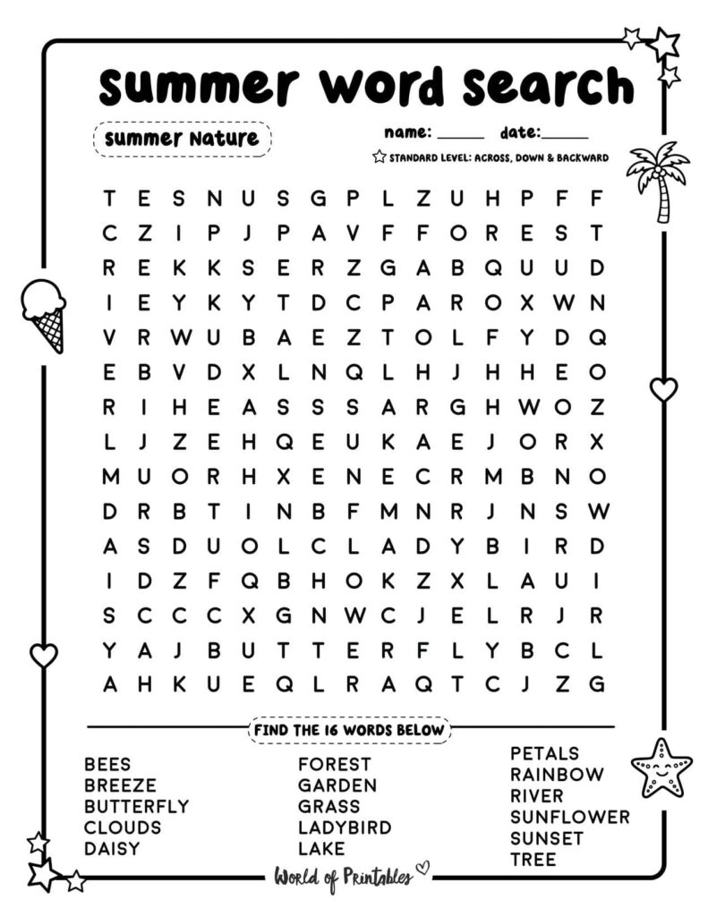Summer Word Search Summer Nature Standard Level