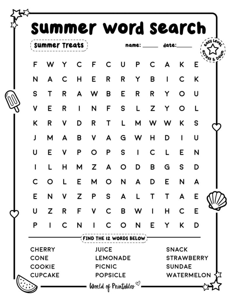 Summer Word Search Summer Treats Easy