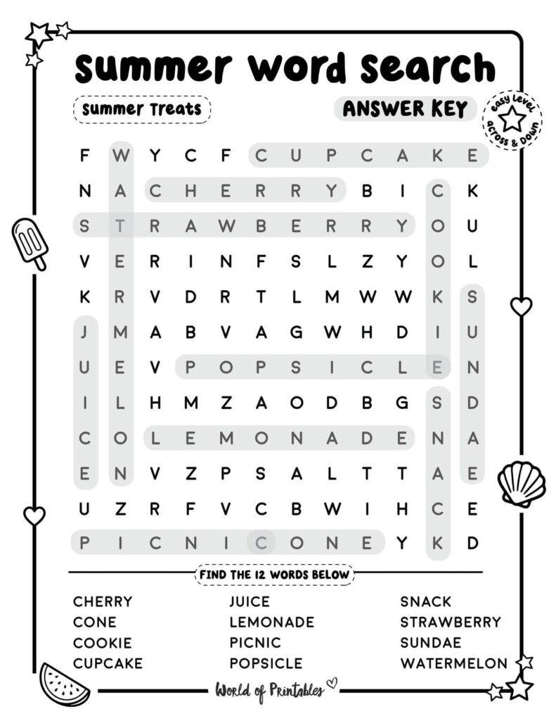Summer Word Search Summer Treats Easy Answer Key