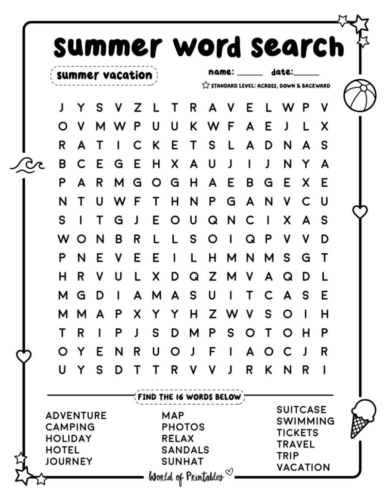 Summer Word Search Summer Vacation Standard Level