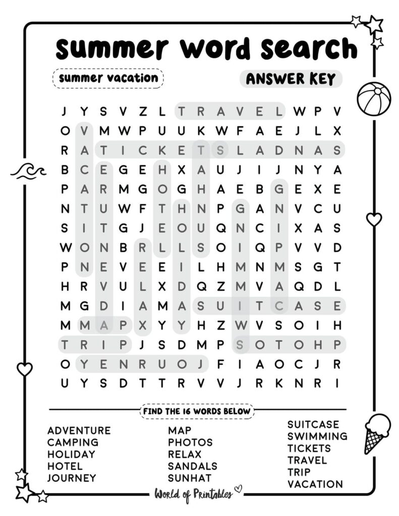 Summer Word Search Summer Vacation Standard Level Answer Key