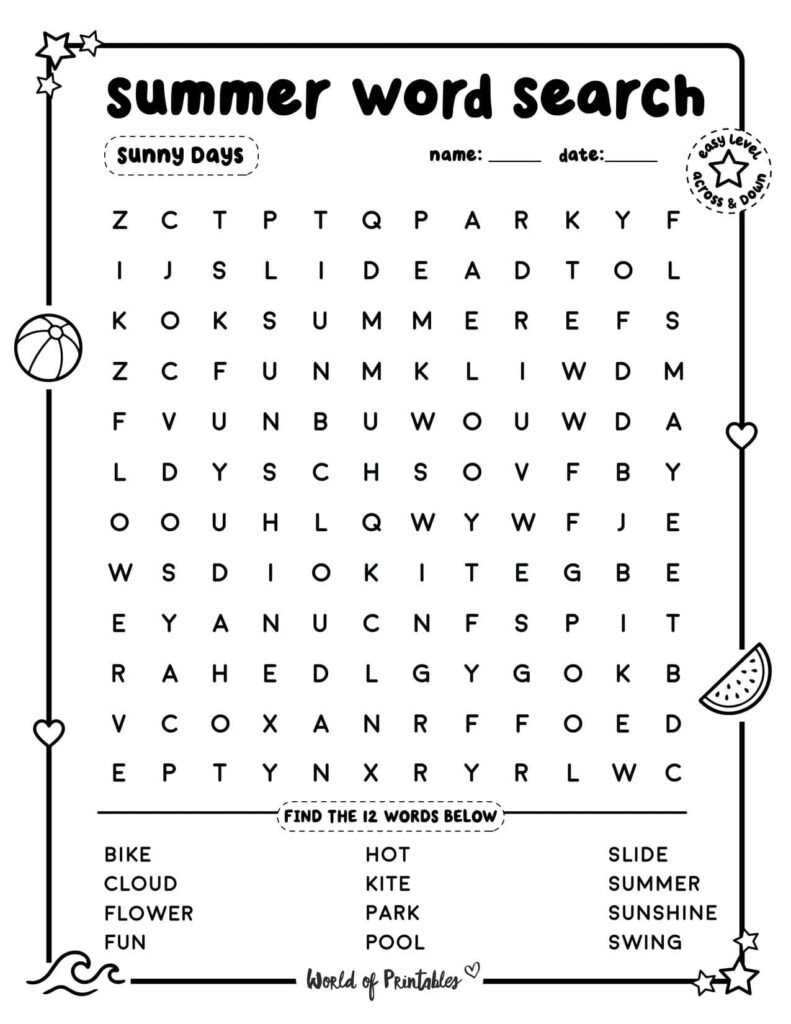 Summer Word Search Sunny Days Easy