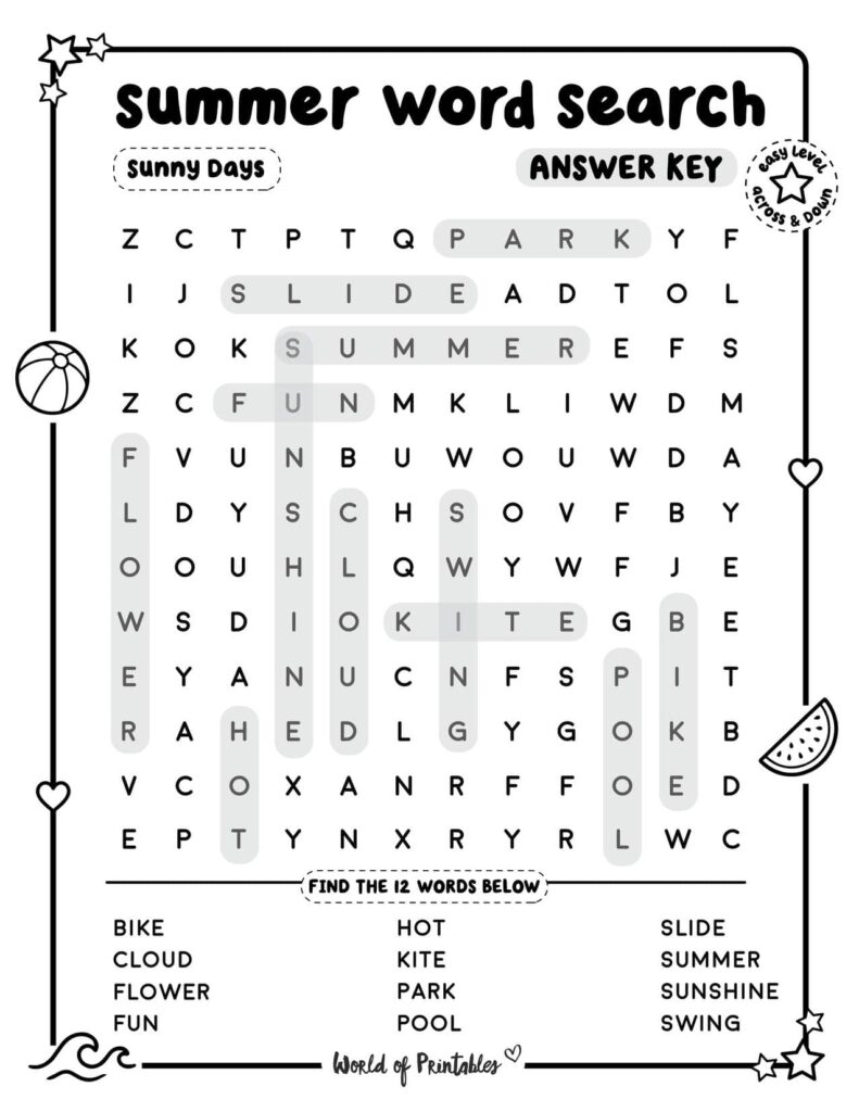Summer Word Search Sunny Days Easy Answer Key